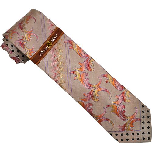 Steven Land Collection SL018 Taupe With Tropical Paisley / Black Polka Dot Design 100% Woven Silk Necktie/Hanky Set